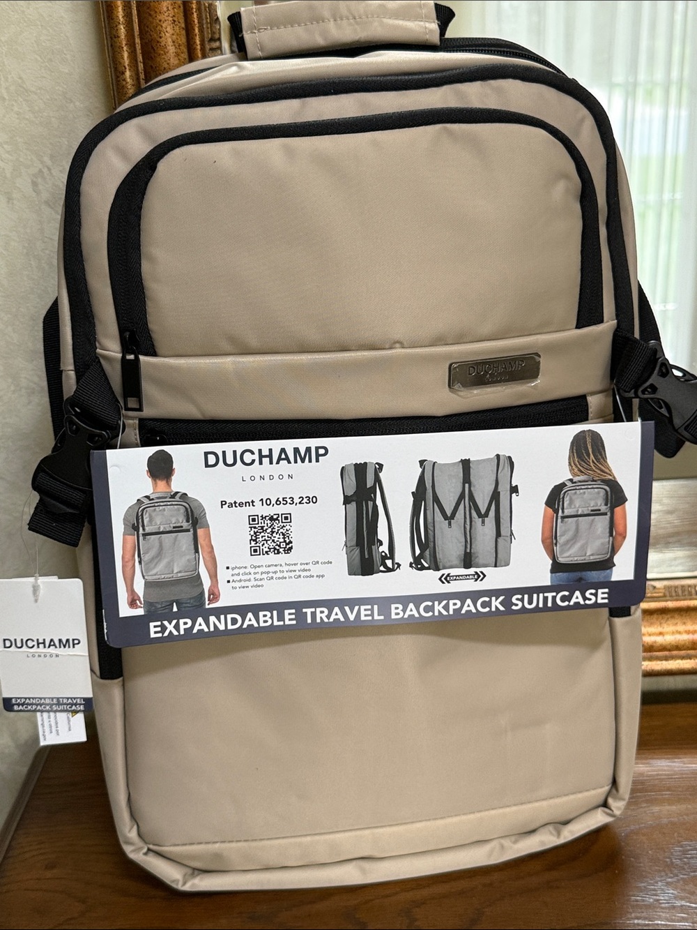 Duchamp Beige Expandable Travel Backpack/ Suitcase with laptop pocket and USB.